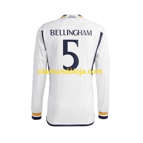 Camisola Real Madrid Jude Bellingham 5 Homem Equipamento Primeiro 2023-2024 Manga Comprida